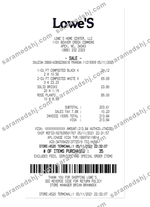 LOWE'S HOME CENTER payment receipt